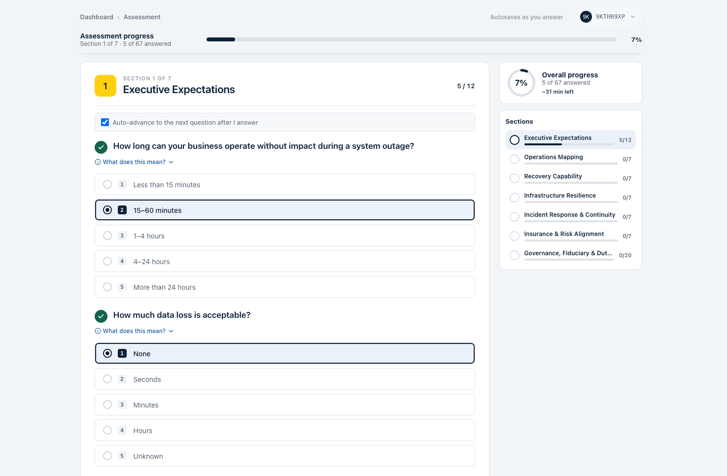 Example screen of the Failure Gap™ questionnaire